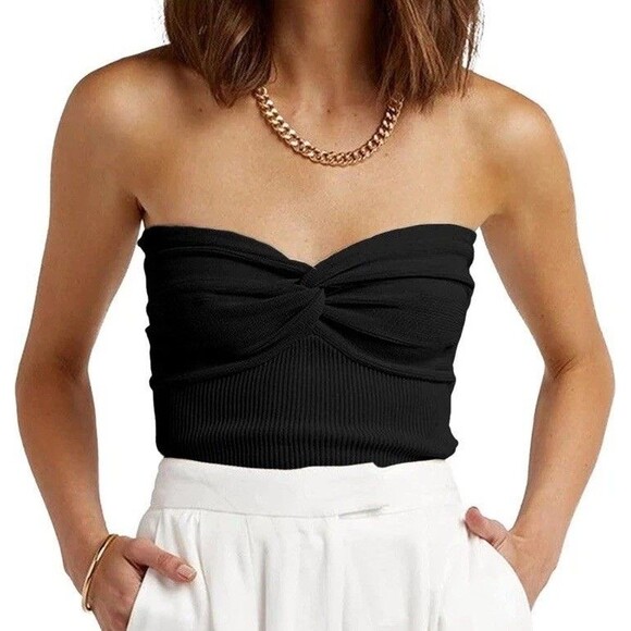 NWT EFAN Women’s Black Tube Top Twist Knot Front Knit Strapless Crop Top -Medium - Picture 2 of 5
